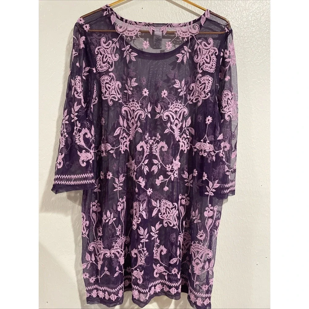 Catherines 2x 22/24 Dark Purple Embroidered Mesh 3/4 sleeve Sheer Swim Cover Top